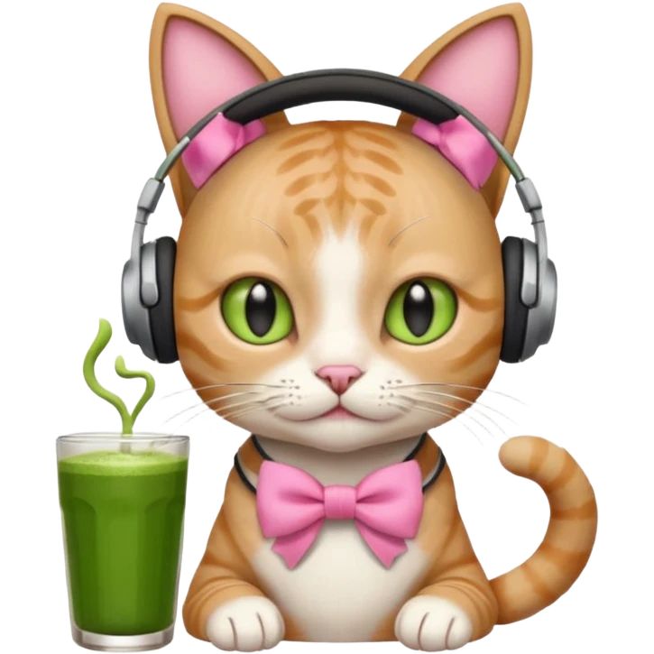 A cat wearing headphones with a glass of matcha, a pink bow on his ear emoji