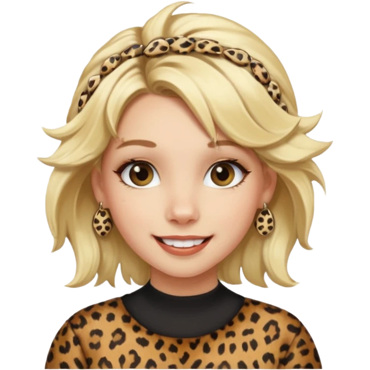 Une fille blonde et joyeuse. Elle porte une coiffure rock et originale avec 3 pinces pour cheveux  léopard et motif peau de vache. emoji