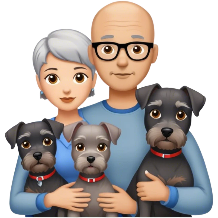 A bald man and woman with short hair with three schnauzers emoji