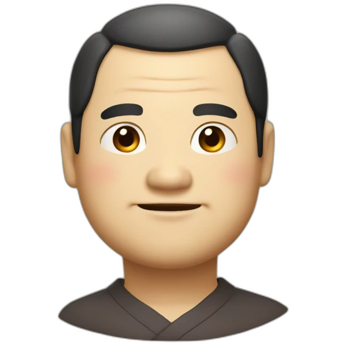 Japanese uncle with a fat round face, slightly droopy eyes and eyebrows, thick lips, large head, dark brown hair, smiling with a pencil emoji