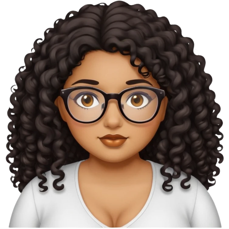 girl, caramel skin, plus size, brown eyes, black long curly hair, glasses emoji