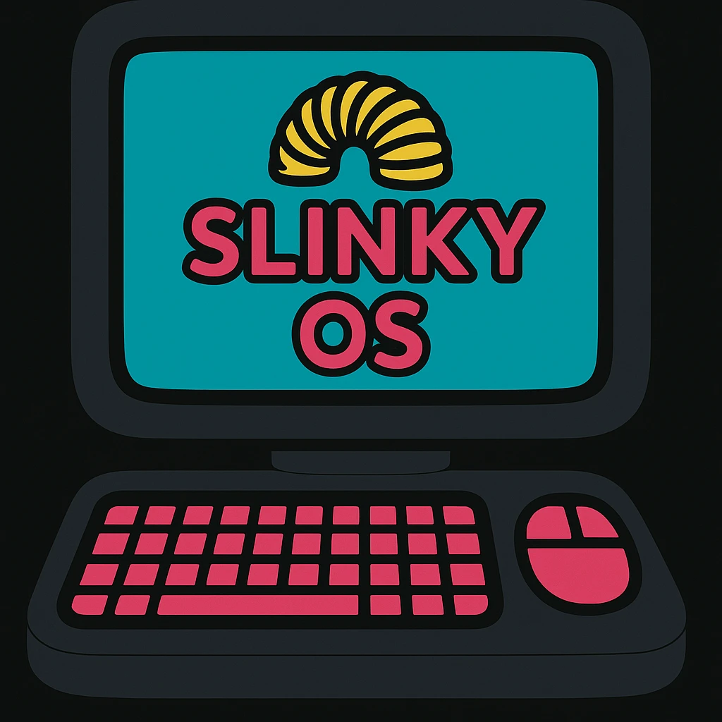 Show the Slinky OS logo and interface in dark mode, keeping vibrant colors and a lively appearance. emoji