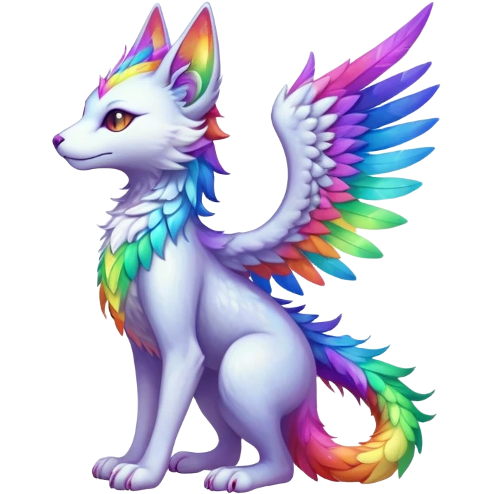 Kawaii neon colorful with divine celestial feather-wing-ears rainbow iridescent fantasy ethereal feline-vernid-sergal-fursona animal creature with a tufted tail full body with intricate markings emoji