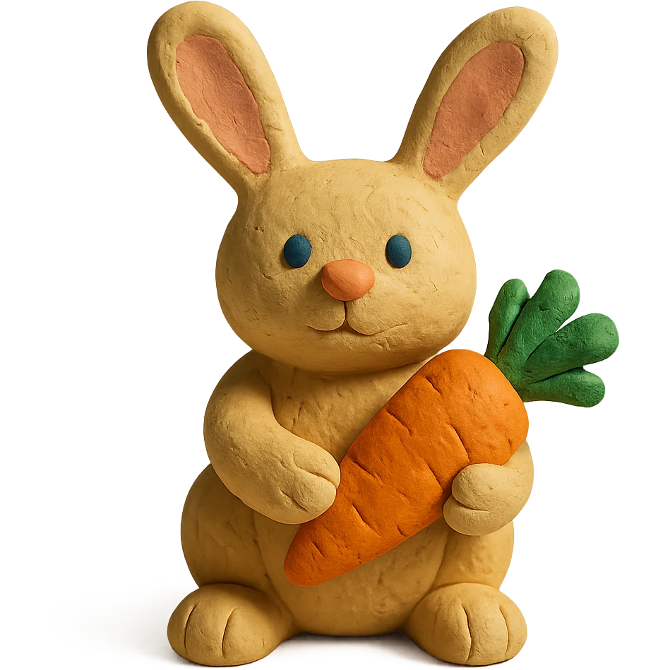rabbit holding a carrot, soft lighting, textured look, vibrant colors, claymation style emoji