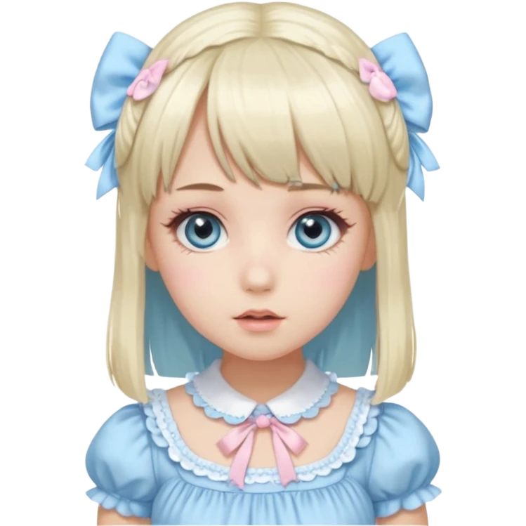 girl , who has straight hair blonde and baby bule swirled hair with bangs , grey eyes , and doll like makeup , in a light pink lolita hime gyaru dress  emoji
