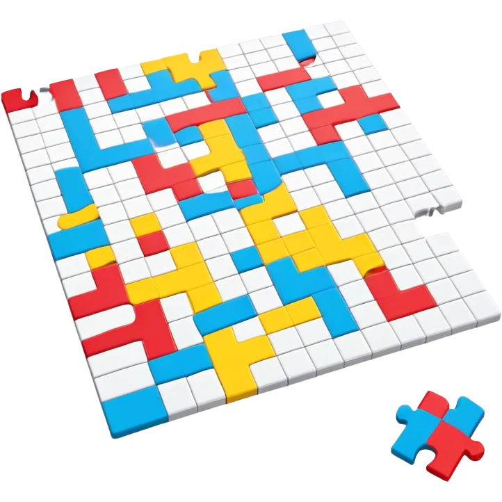 A photorealistic icon with a colorful, fragmented puzzle piece, a crossword magazine, a 3D puzzle, and a partially completed puzzle on a table. Bright, detailed design with realistic lighting. Transparent background, clearly symbolizing puzzles and brain games. emoji