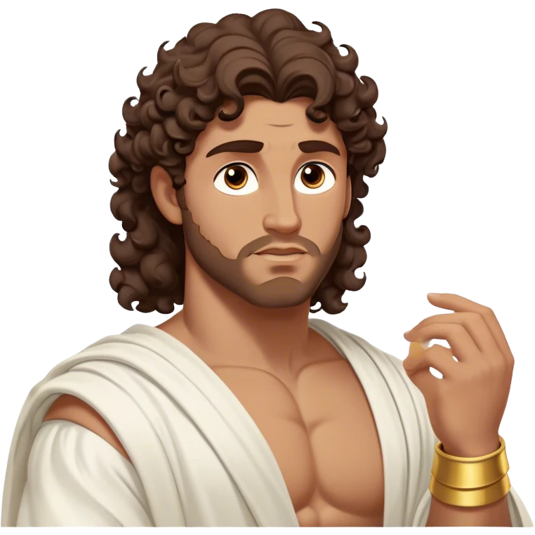 Cinematic Realistic Hercules Portrait, depicted as a classical Greek hero inspired by the Disney version yet echoing the refined proportions and serene dignity of Michelangelo's David. His idealized, tan skin glows with timeless strength, and his thick, curly wavy dark brownhair falls in natural, sculpted curls. Draped in a flowing white robe with delicate golden accents, his expressive eyes radiate determined nobility, all rendered under dynamic natural lighting with a mythic, radiant glow. emoji