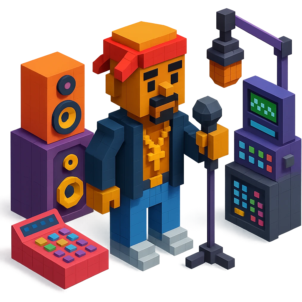 Lego 2Pac in a music studio, surrounded by equipment, mic in hand, detailed and atmospheric emoji