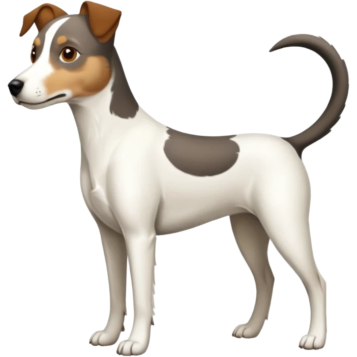 a full body large white parson russell looking dog the size of a kelpie with light brown ears and a light brown patch on one eye and a large snout emoji