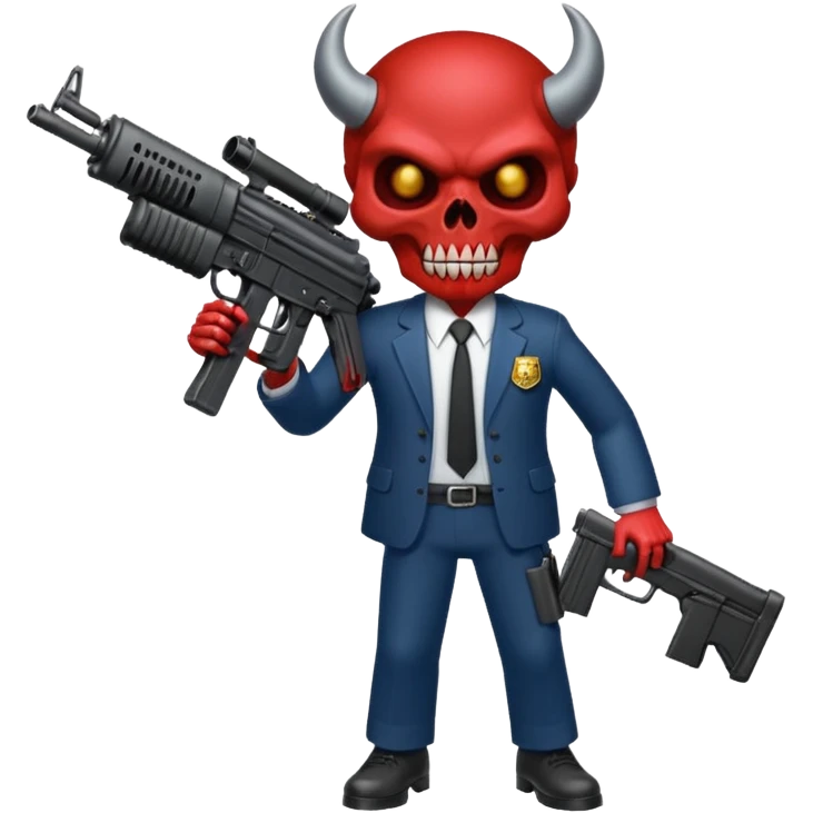 A Demon from hell that is dressed like a fbi agent with a machine gun, full body pointing the machine fun to the left. In the style of your bleeding skull artwork. Just one machine gun emoji