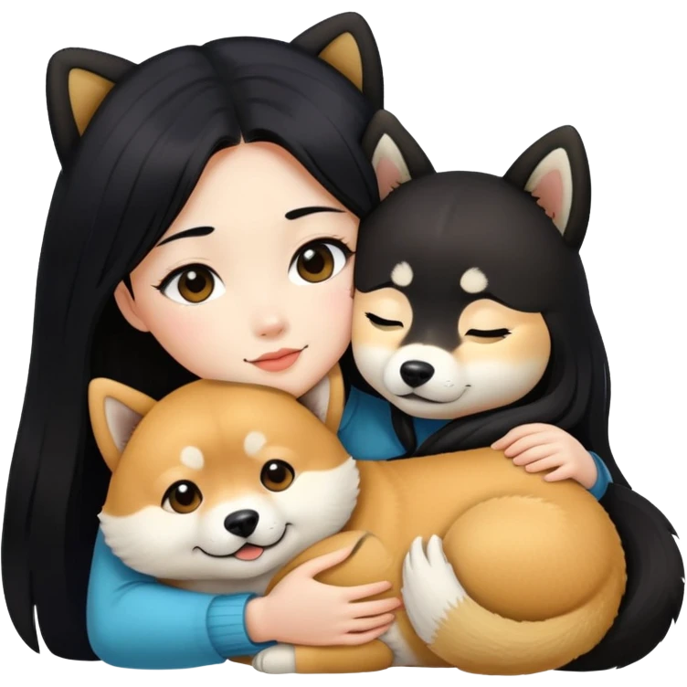 A beautiful girl with long black hair hugs a Shiba Lnu emoji
