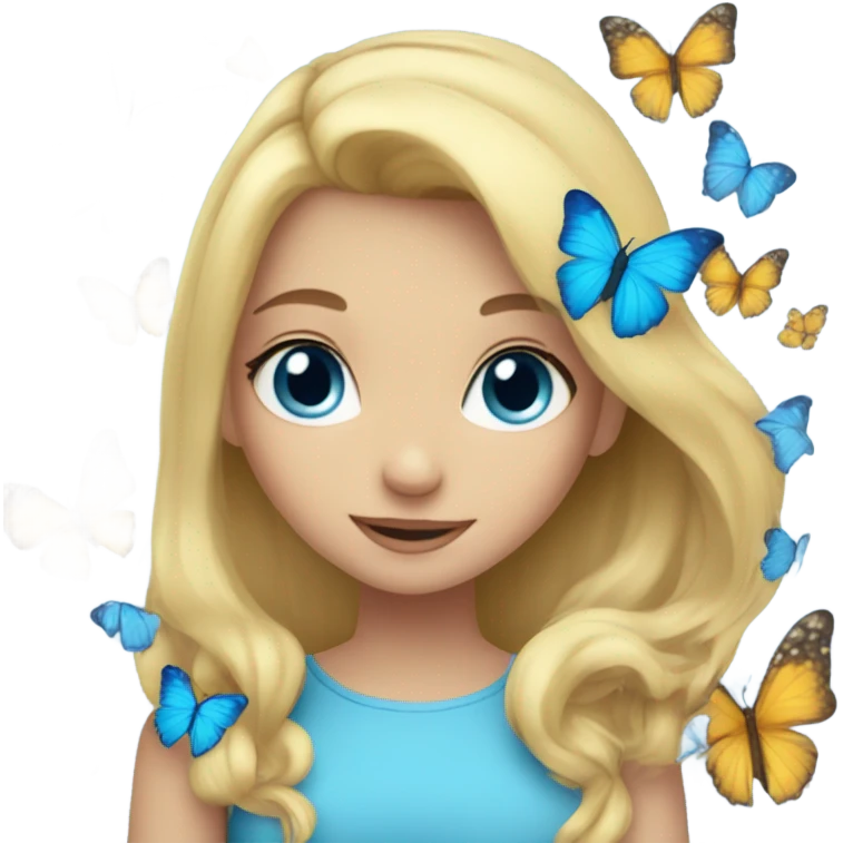 Girl with blonde hair blue eyes butterflies and holding a blue heart emoji