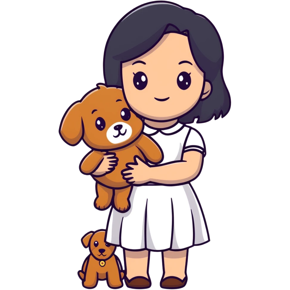beautiful girl with long straight black hair wearing a white skirt holding a small brown curly teddy dog emoji