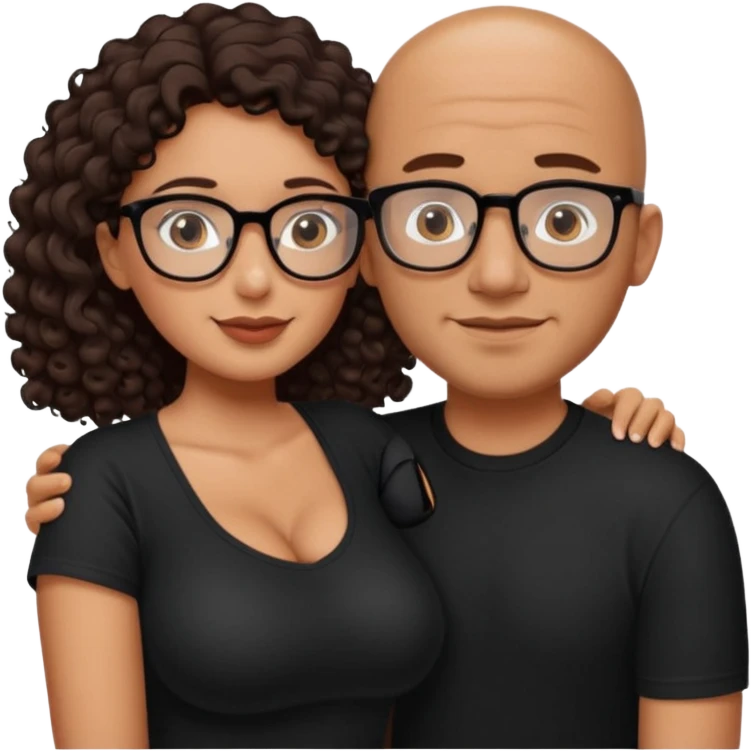 A picture of an embracing tanned couple. the man is a Mexican man with tanned skin, with a bald hair cut, short beard and wearing a black shirt. the woman is short with long curly dark brown hair and with big boobs. Put glasses on the woman only. The man doesn't have glasses. emoji
