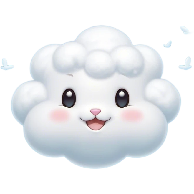 Cinematic tiny puffy bunny-shaped cloud, floating gently in the sky, soft glowing light, tiny rounded ears, smiling face, dreamy and magical. emoji