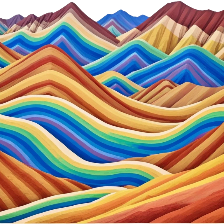Rainbow Mountains Zhangye Danxia colorful striped hills, simplified emoji style with bold outlines and bright colors, cartoon style multicolored mountain ridges emoji