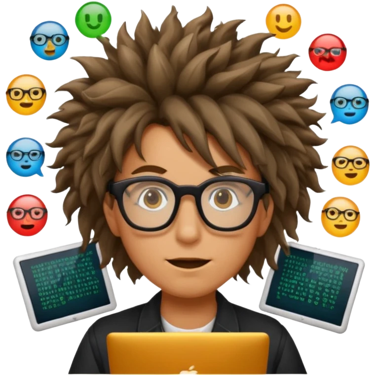 crazy programmer with wild hair, glasses, surrounded by code symbols, emoji style emoji