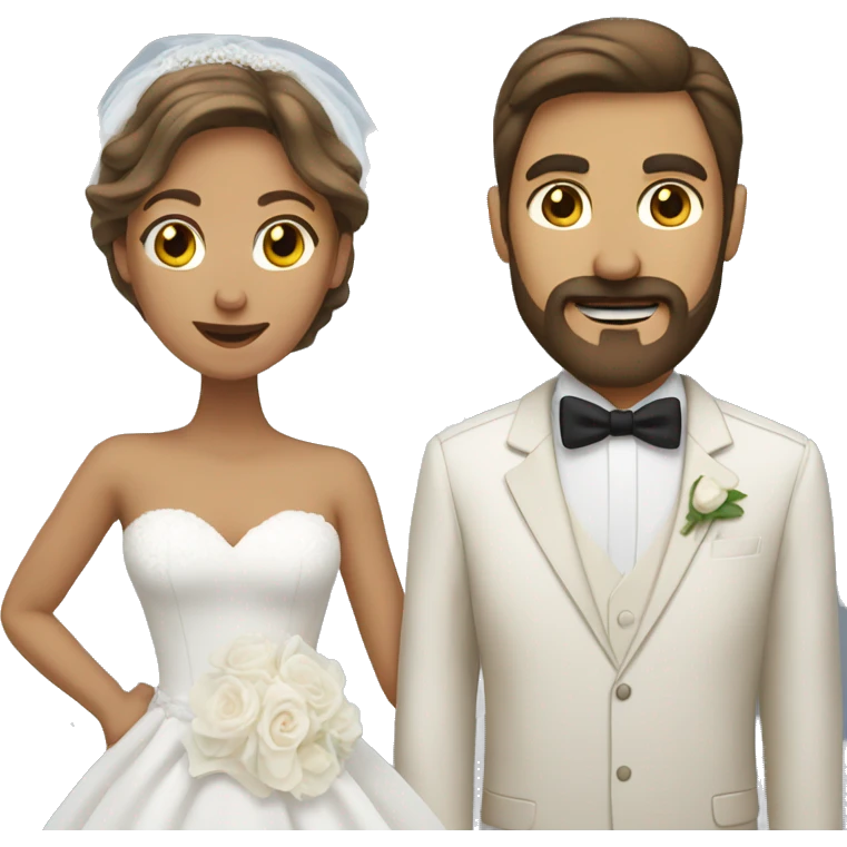 Tan woman bride and white husband with brown hair, beard, and mustache  emoji