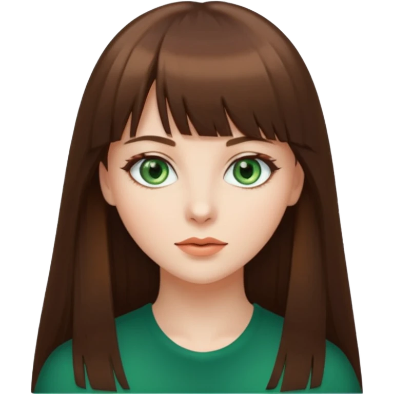 beautiful woman, straight long brown hair with bang, green eyes  emoji
