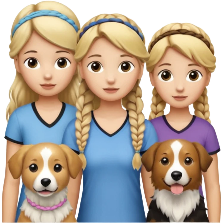 a group of 5 girls two blonde hair tied down one with a golden retriever next to her 1 blonde hair and in a braid  and one brown hair with a head band and 1 blonde hair in a small braid with a border collie next to her emoji