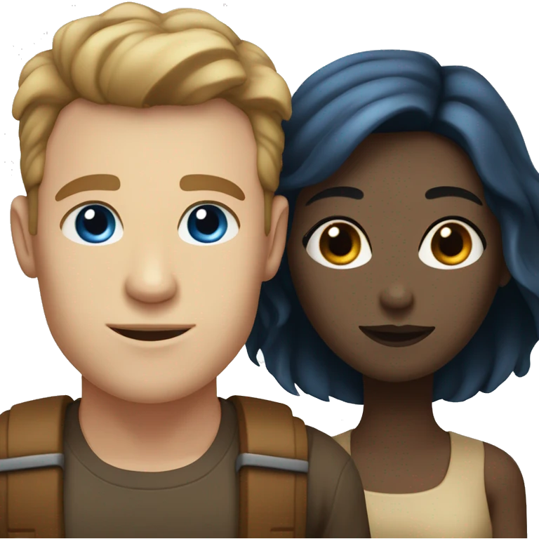 couple of a man with pale skin, brown hair and blue eyes, and a tan woman with dark hair and dark eyes emoji