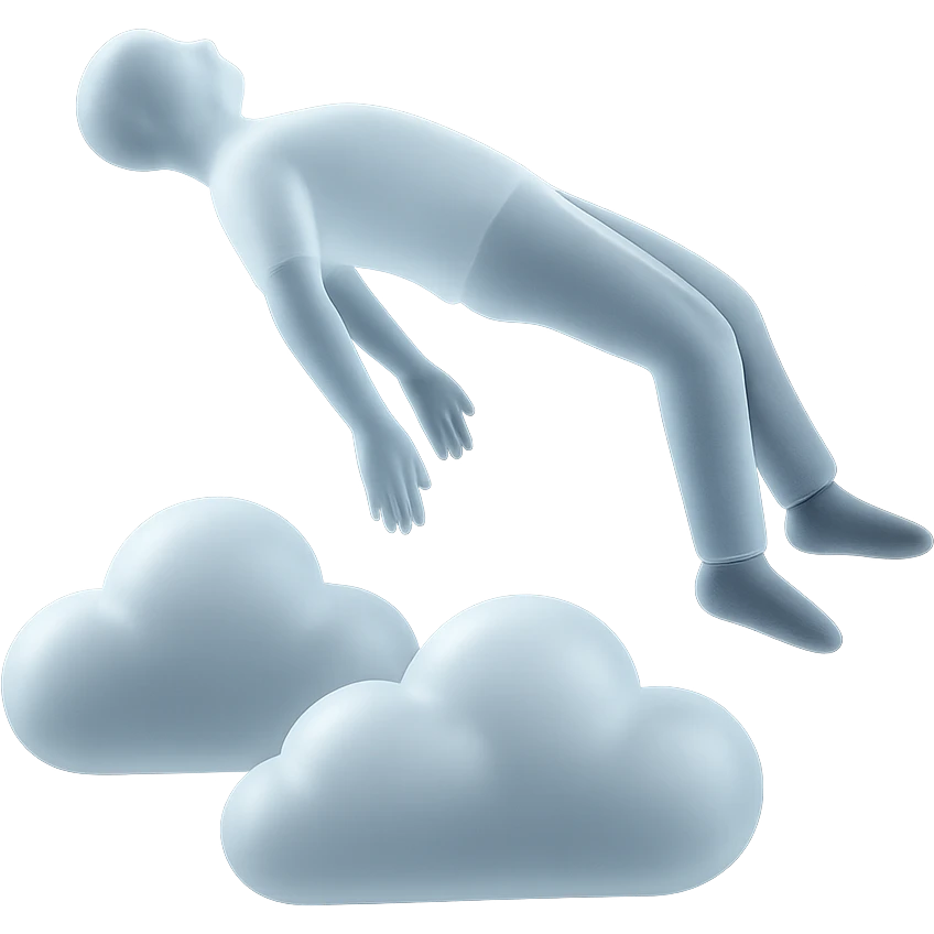 unconscious person side view flying upwards by torso, arms and legs down, very bright white fluffy convex clouds, matte glass style emoji