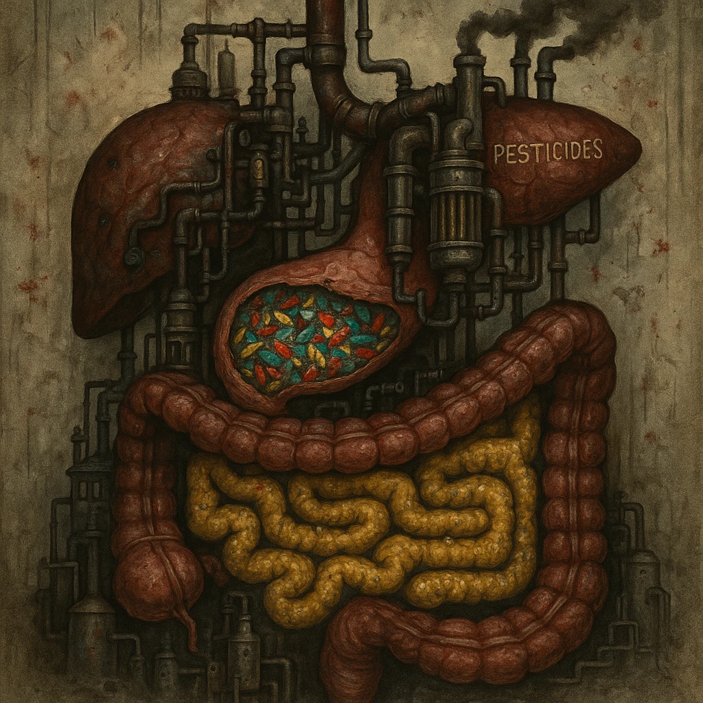 medical horror illustration of a human digestive system as a factory, stomach filled with colorful microplastic shards, liver with clogged pipes overwhelmed by pesticide filters, intestines paved with yellow preservative sludge, unsettling clinical details, disturbing atmosphere emoji