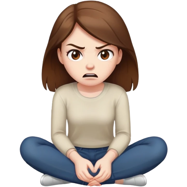 angry woman with brown hair sitting on a floor avoiding conversation emoji