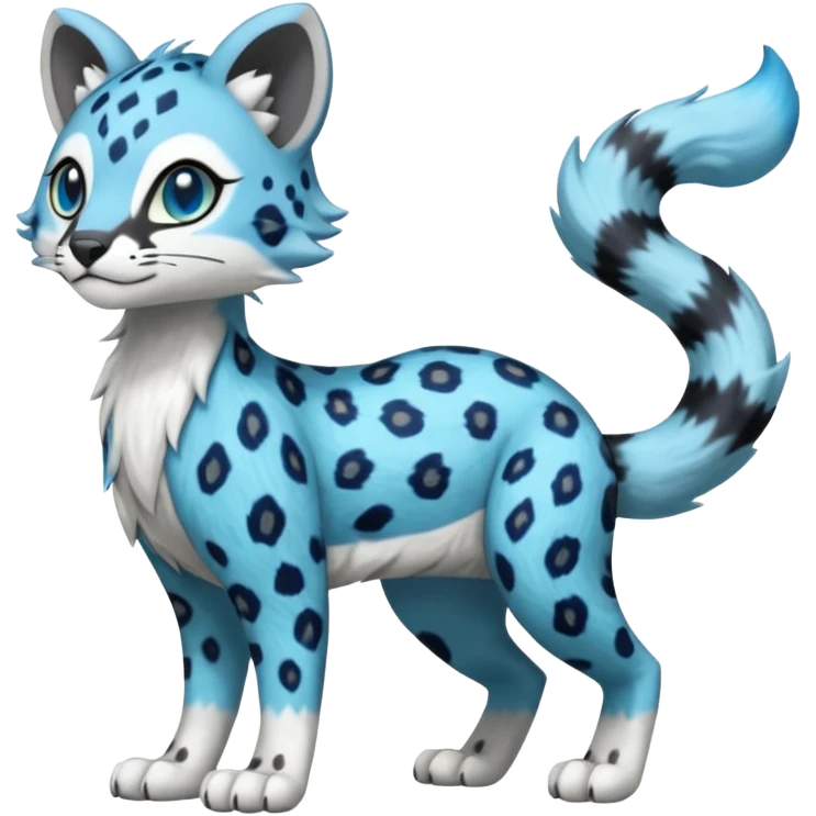 Colorful Meloetta-Sergal-Snow-Leopard-Civet-Genet-Pokémon-Digimon-Fakémon-fusion-hybrid-creature with Cyan stripes and blue leopard-spot-markings  emoji