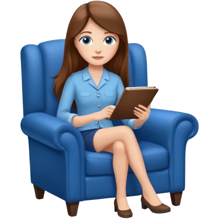 Девушка - психолог с длинными коричневыми светлыми волосами, с голубыми волосами, сидит в кресле и делает запись на бланке emoji