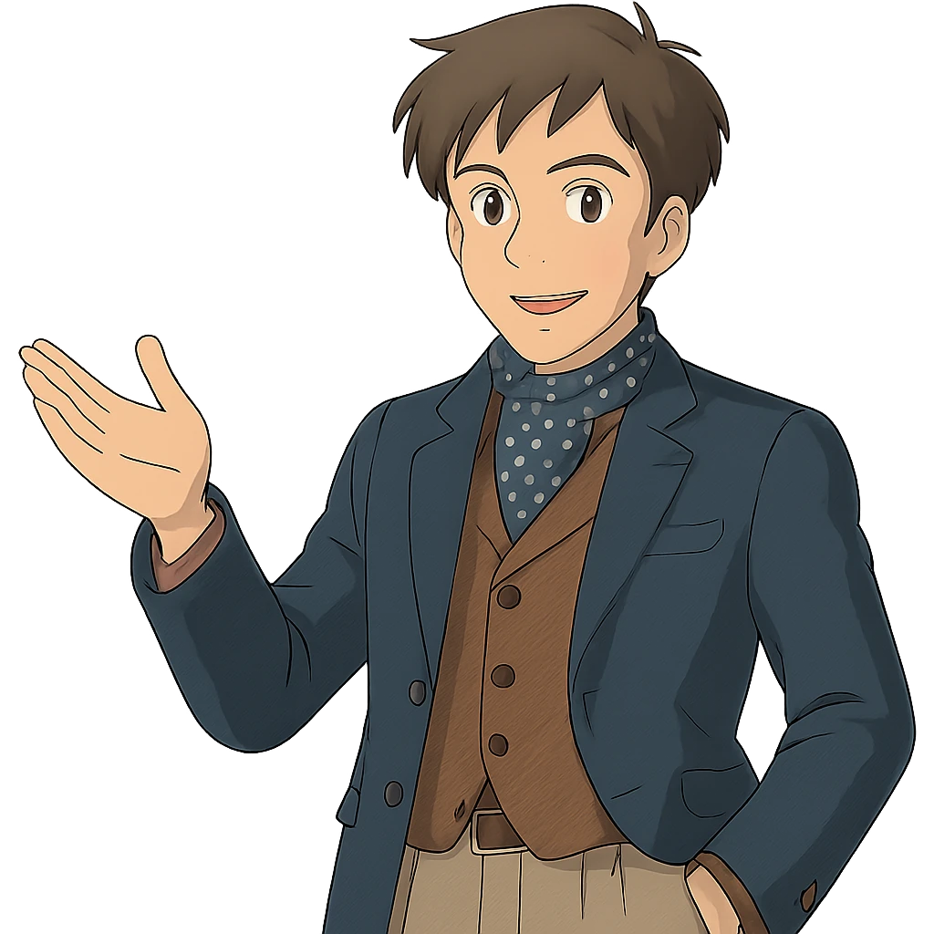 Make the man look stylish in Ghibli style, remove background. emoji