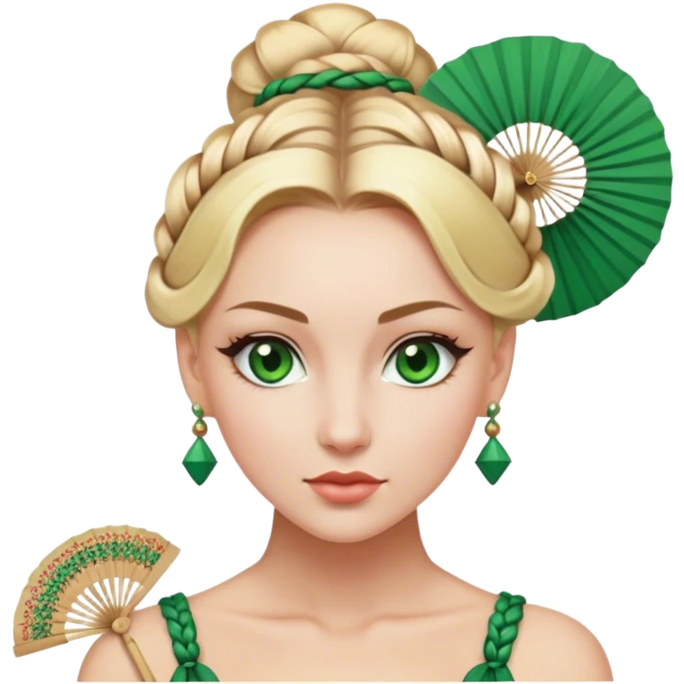lady with Pale complexion, sharp features, high cheekbones, Blonde hair, usually styled in braided updo, green eyes accessorized with a decorative fan emoji