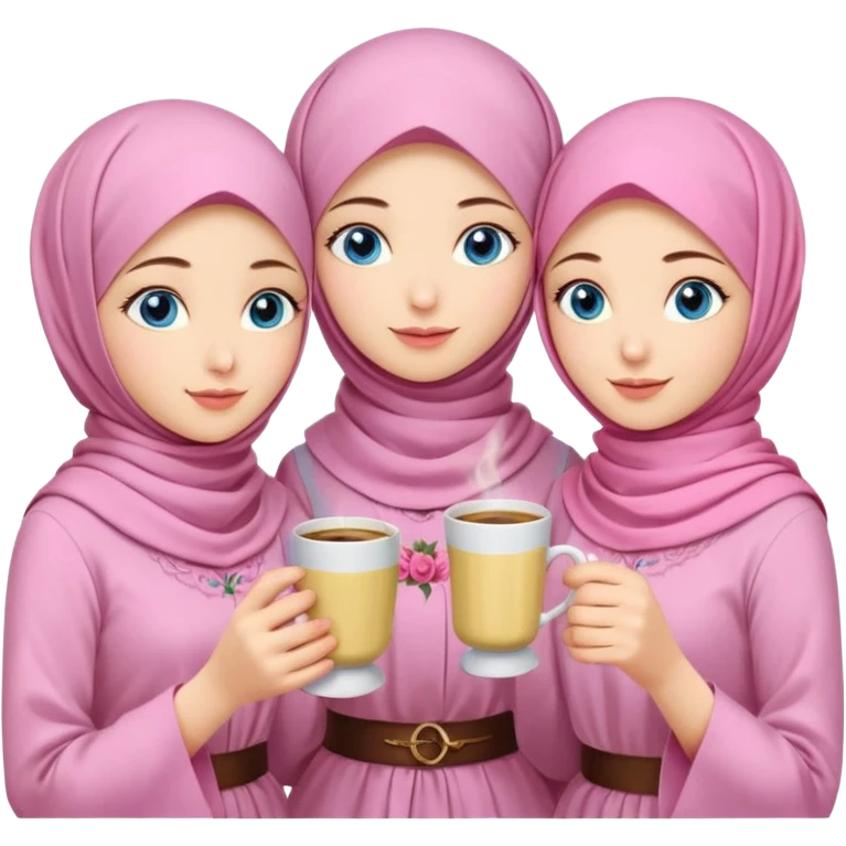 Turkish beautiful finish Konya three girls blue eyes with pink rose turkis butter yellow hijab islamic dress and had on her hand turkish coffee   emoji