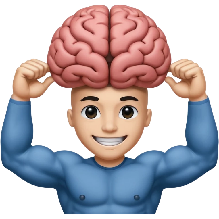 Un cerveau avec un immense sourire blanc, de beaux yeux noirs et de gros bras musclés qui sortent du cerveau emoji