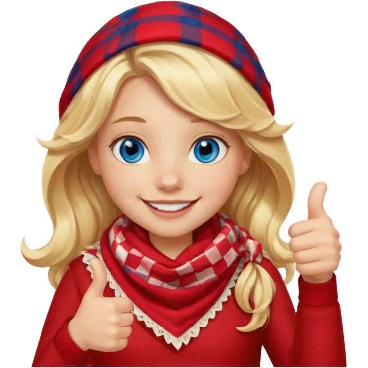 Blonde Girl, Blue Eyes, wavy hair, smiling, thumbs up, wearing red Checkered Triangle scarf emoji