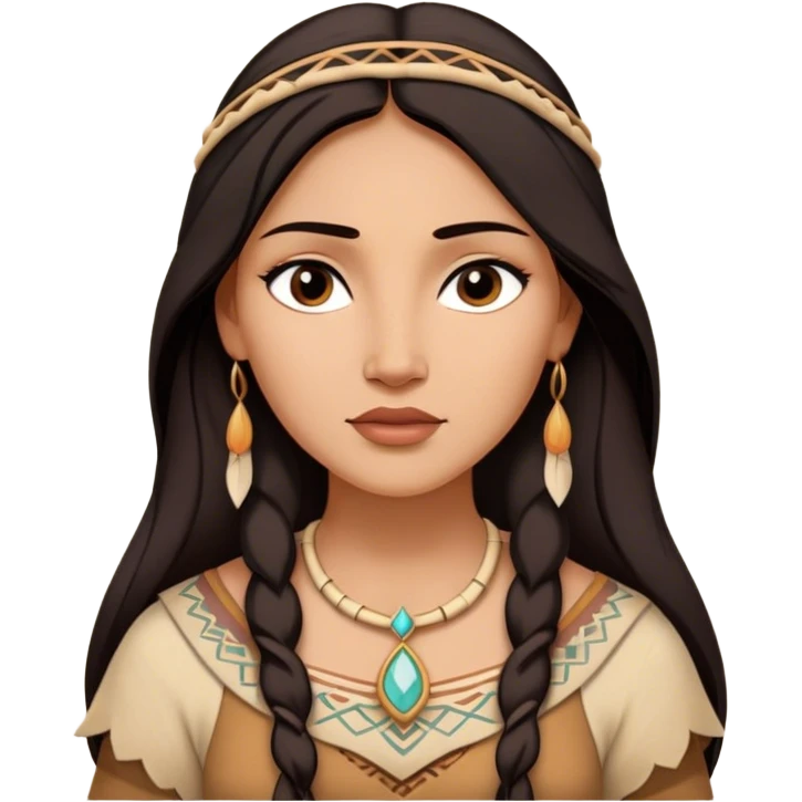 Cinematic Timeless Pocahontas Portrait Emoji, rendered in a realistic, vector style. Depict Pocahontas with warm, glowing skin, naturally flowing dark hair, and a serene, gentle expression, wearing traditional garments in muted earth tones. The design features bold, clean proportions, a soft, inviting glow, and a subtle glowing outline that captures her enduring natural beauty. emoji
