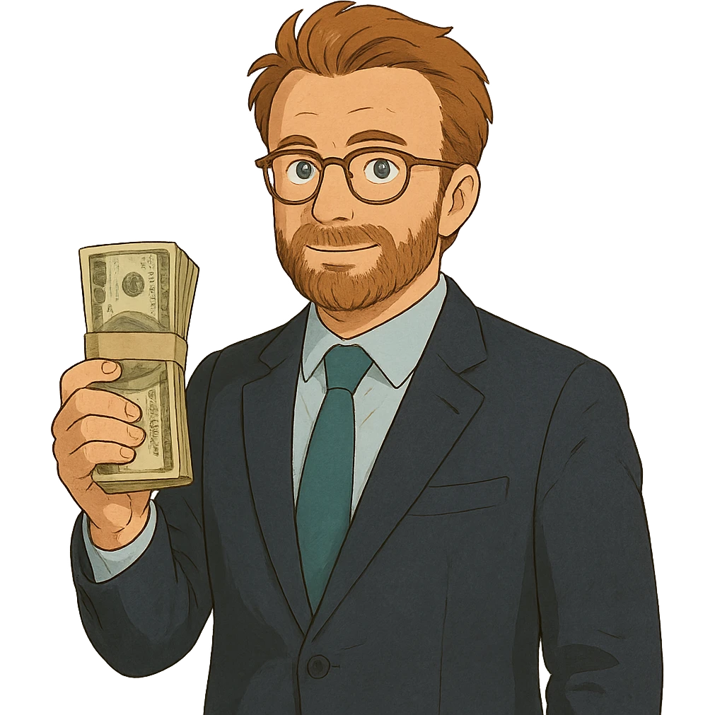 ghibli style Nikolai Astrup, Norwegian politician, holding a pack of money in his hand emoji
