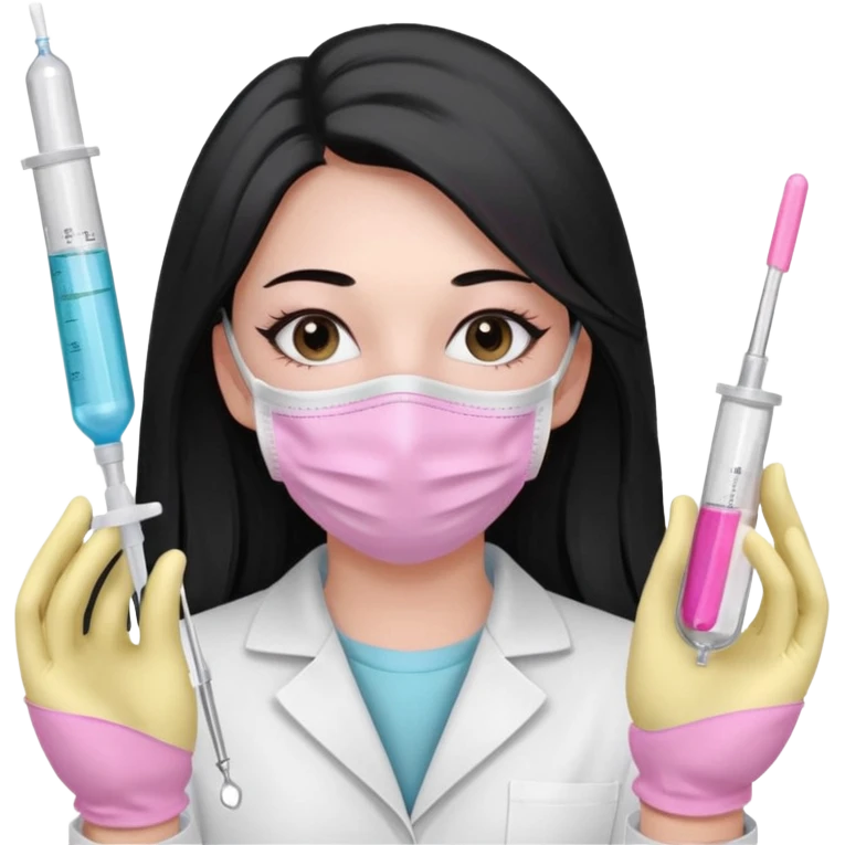 laboratorista con guantes rosa pastel y mascarilla rosa pastel jeringa tubo laboratorio sin lentes pelo lacio negro y largo emoji