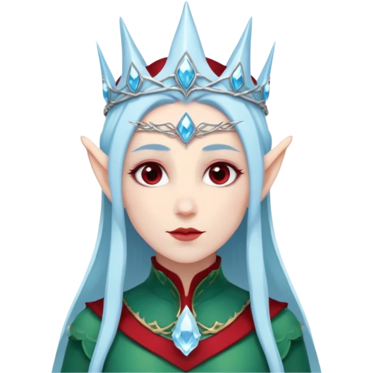 Fantasy elf portrait emoji, icy blue crystal crown with deep red accents, elegant elven features, cold noble winter expression, ice and crimson color palette, minimal clean design, flat readable emoji style, male/female variant emoji