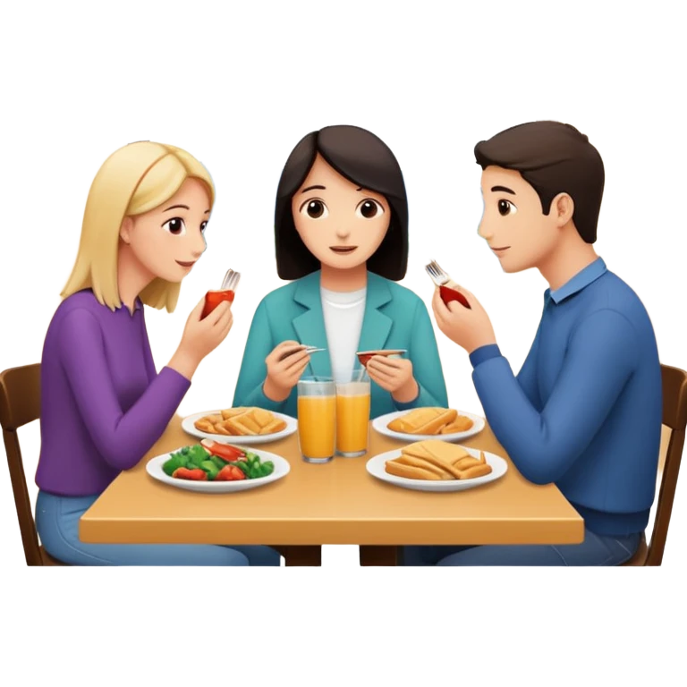friends having lunch together, face each other, indoor, three people emoji