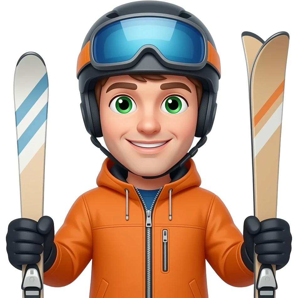 man holding skis, no helment, green eyes, organge jacket emoji