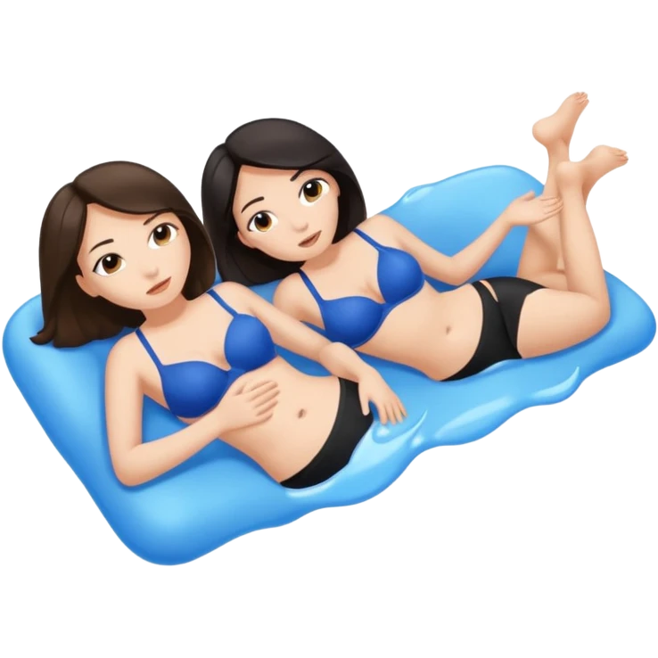TWO only TWO white brunette women lying down full body melting into each other. one is wearing a blue bra and one is wearing a black bra. emoji
