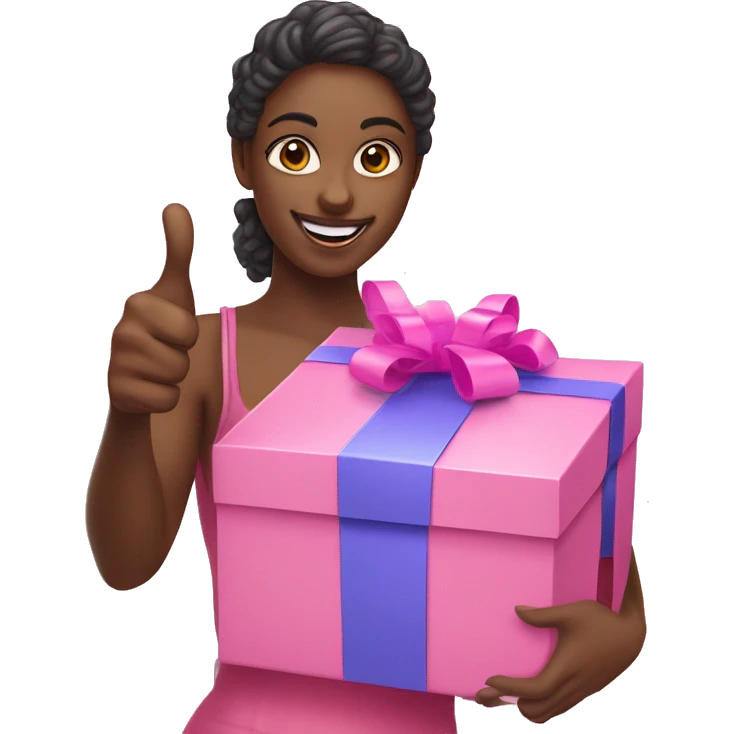 white skinned influencer advertising pink gift box in hands and thumbs up emoji
