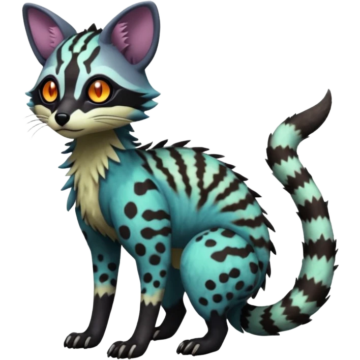 Rare warm-colored lush exotic edgy epic aesthetic gloomy spooky dark modern colorful cyber-Genet-Trico-species-Fakemon-hybrid-creature, with beautiful intricate markings, full body emoji