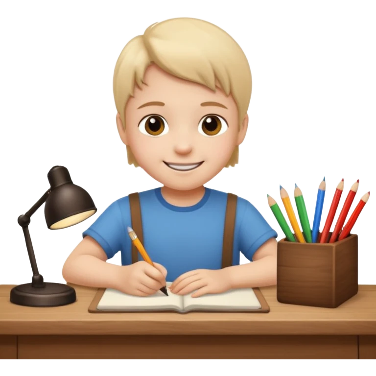 a smiling child working hard ata a desk emoji