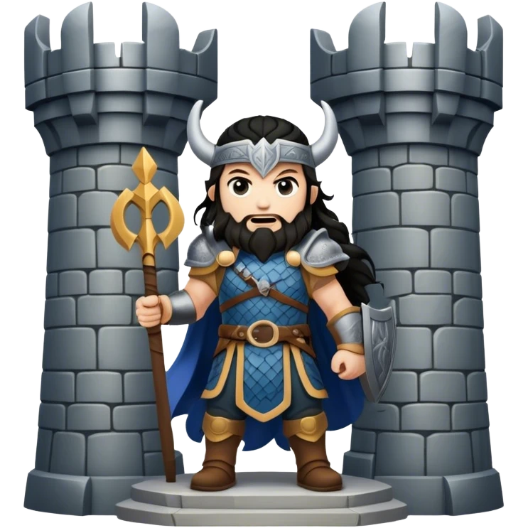 vikingo con armadura de Asgard, pelo negro ondulado, de pie, grito de guerra en torre de Asgard. emoji