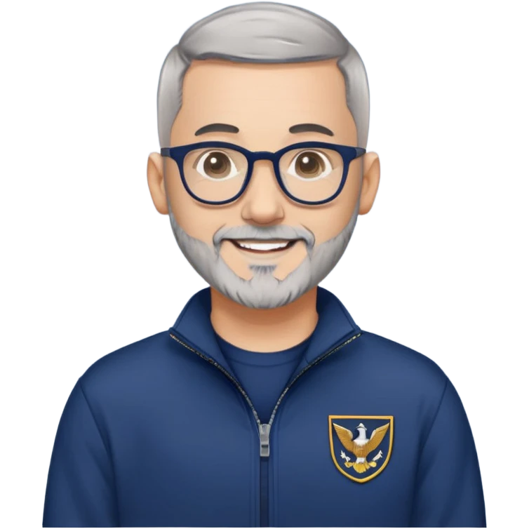 Man with light skin, extremely short black hair (military buzz cut), short peppered gray beard, large black-framed glasses, smiling face, navy blue zip-front sweatshirt with long sleeves emoji