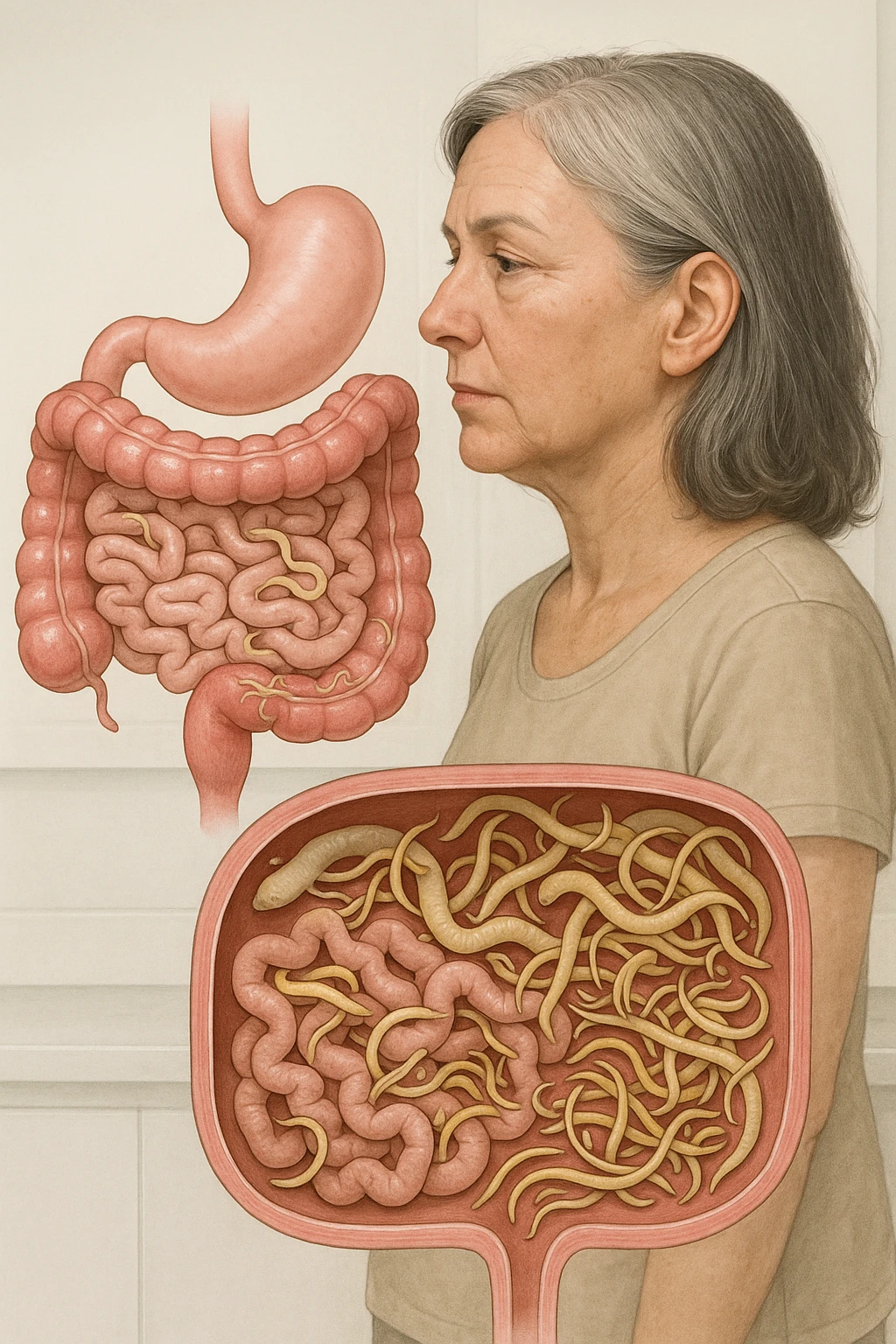 Donna in menopausa con intestino ricco di parassiti intestinali. Immagini realistiche emoji