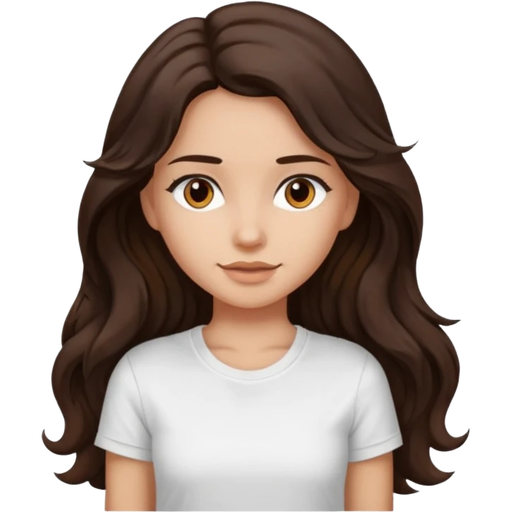 iOS style emoji. A girl with very long dark brown wavy hair. And the eyes color is dark brown. And she is wearing white t shirt  emoji
