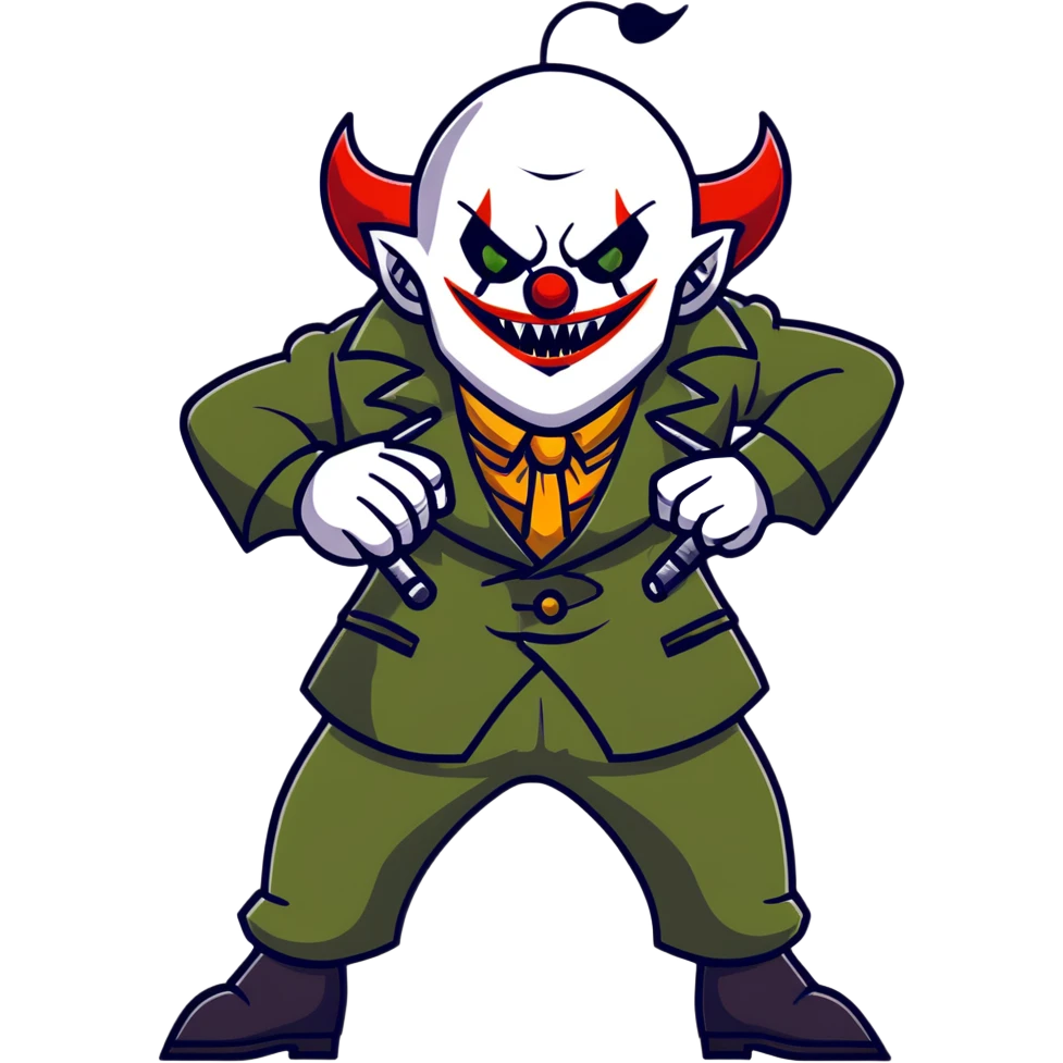 evil clown warrior, bald, small black satan-like horns on forehead, fangs, pointed ears, eye patch over one eye, long coat over black and military green leisure suit with bellbottom pants, realistically proportioned, less bulky, full body, battle-ready fighting posture emoji